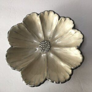 Flower Enamel Metal Jewelry Trinket Dish Art Piece Cottage Magnolia Cream Silver